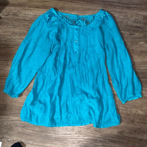 E (hanger) M TOO Teal peasant top. NWOT - Picture 1 of 4